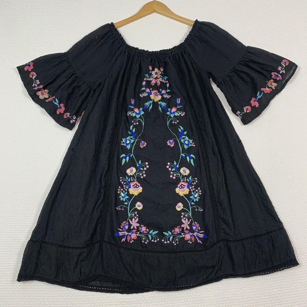Umgee USA Black Embroidered Bell Sleeve Crochet Boho Swing Mini Dress Womens L
